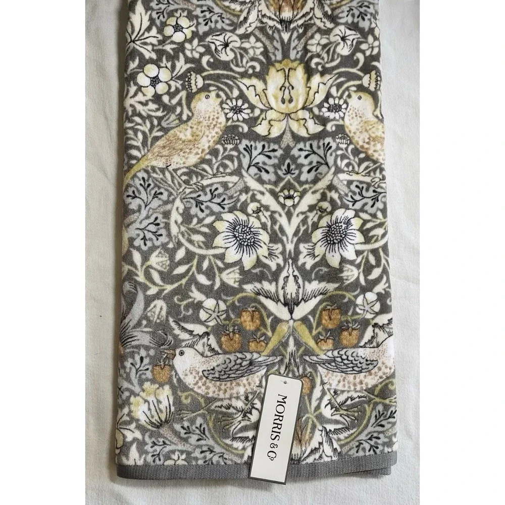William Morris Co Strawberry Thief Clay Gray Velour 2 Pc Bath Towels Set NEW